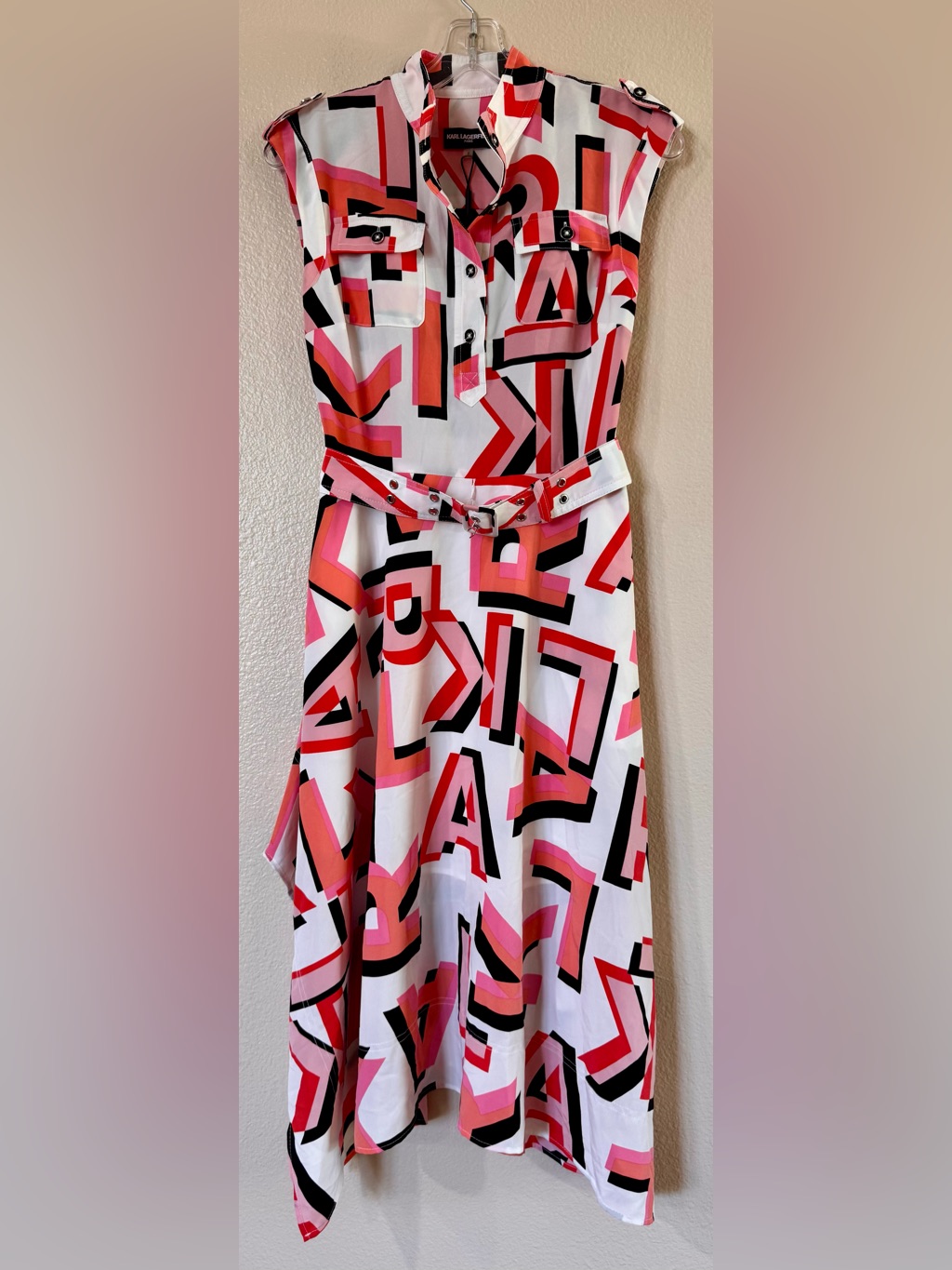 Karl Lagerfeld White Shirt Dress With Pink & Red Graphic Print